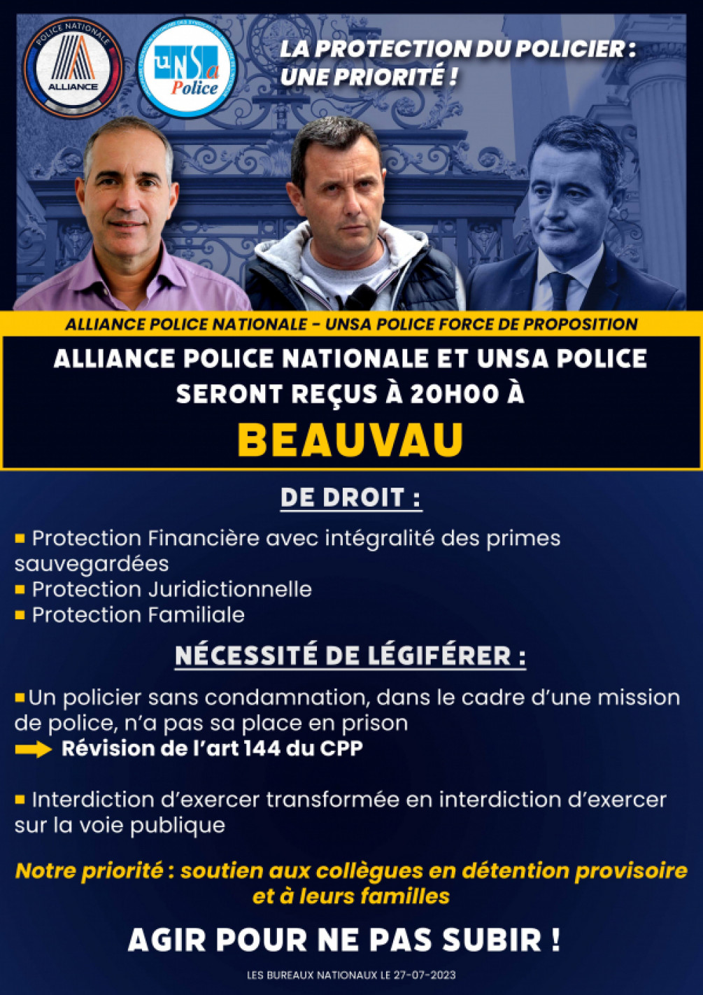 LA PROTECTION DU POLICIER : UNE PRIORITÉ ! Alliance Police Nationale et Unsa Police seront reçus ce soir à 20H00 à Beauvau.