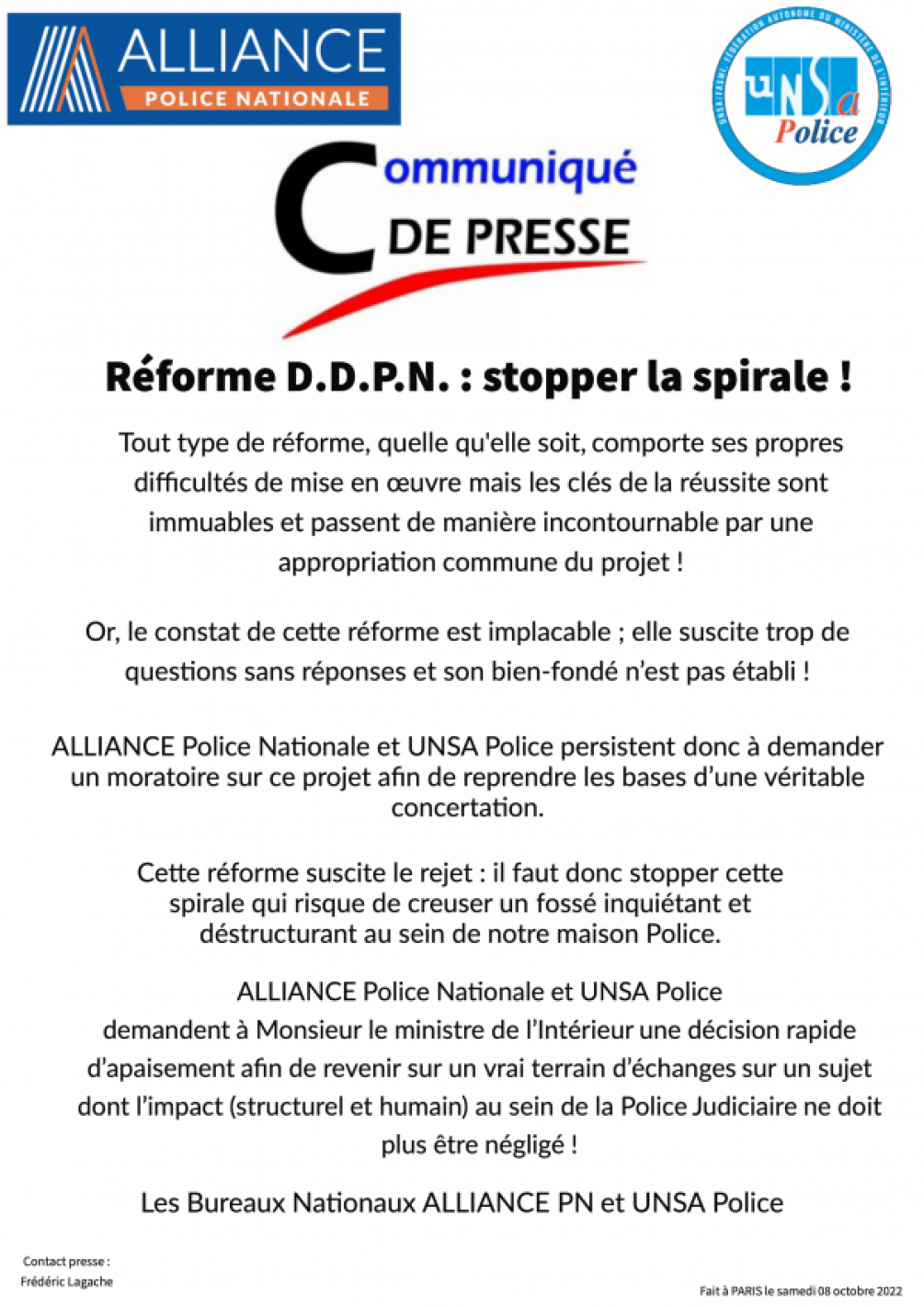 Communiqué de presse : Réforme DDPN 